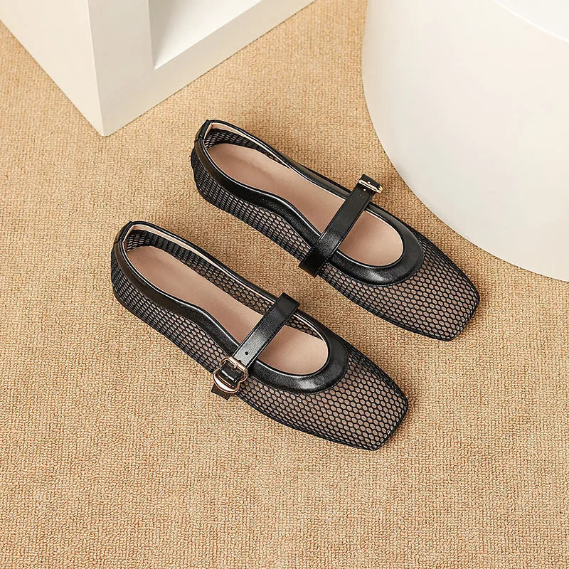 Women's beige mesh pumps with a square toe, buckle fastening, and a low flat heel.