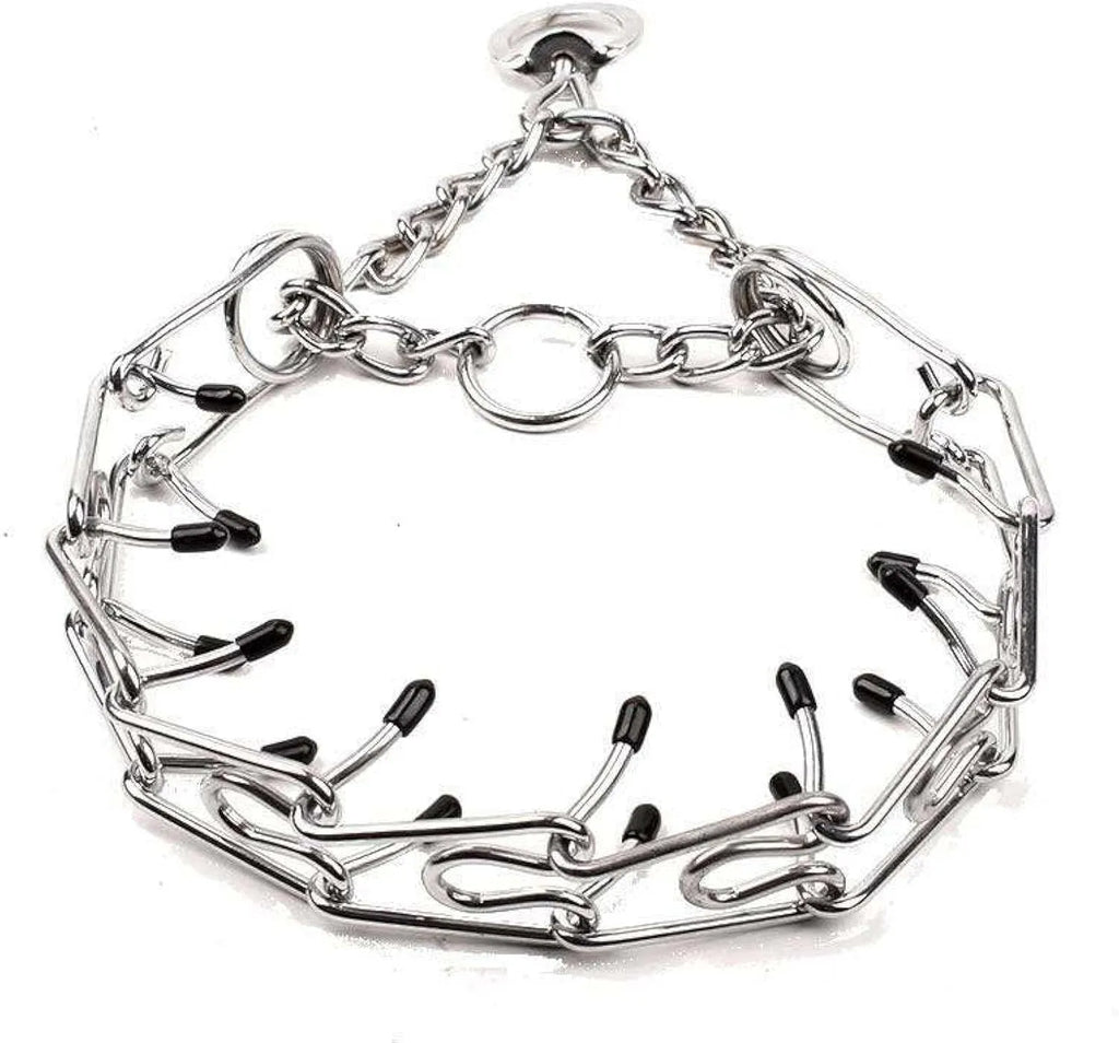 Stainless steel dog prong training collar with rubber tips in adjustable sizes for medium and small dogs