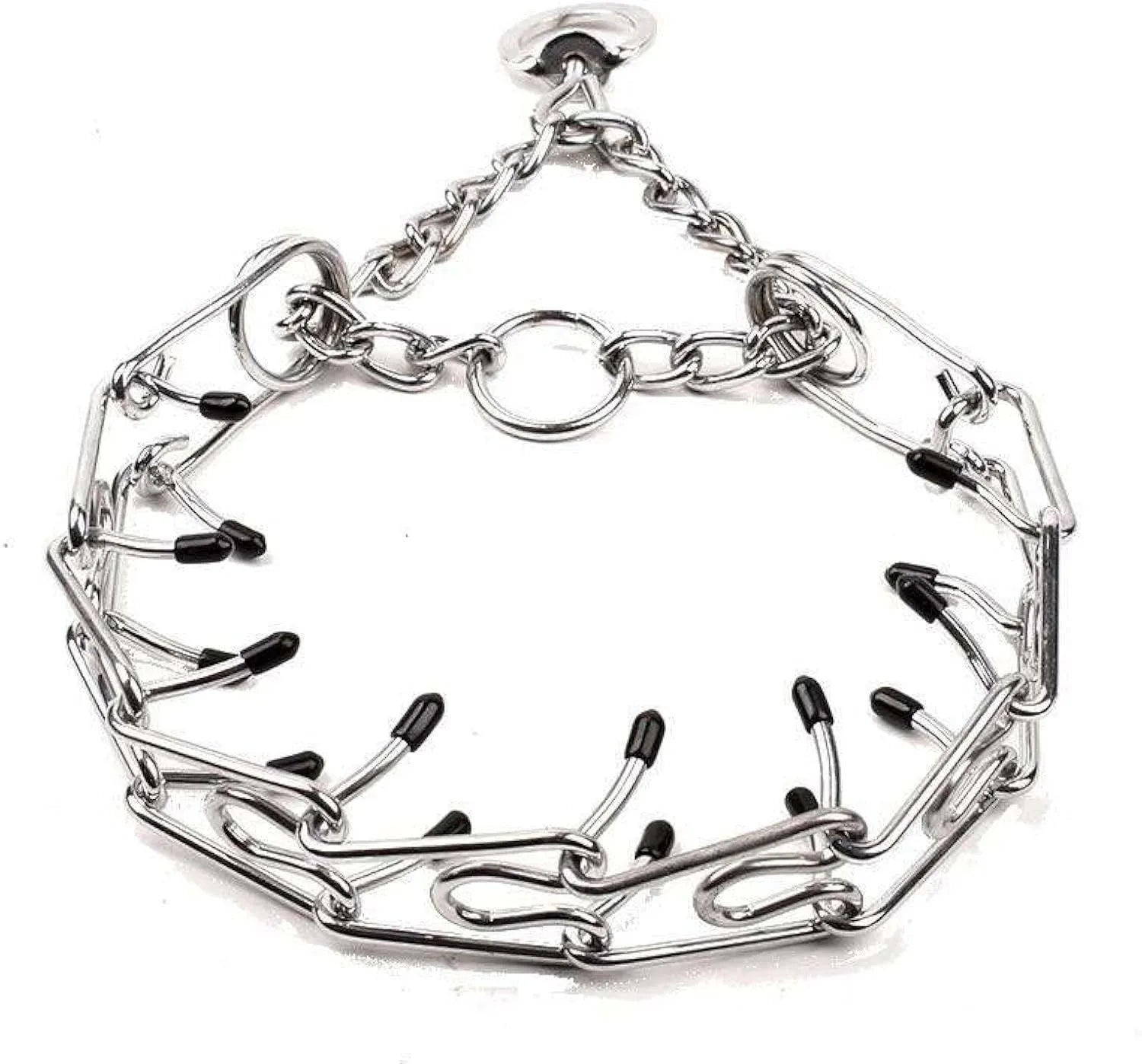 Stainless steel dog prong training collar with rubber tips in adjustable sizes for medium and small dogs