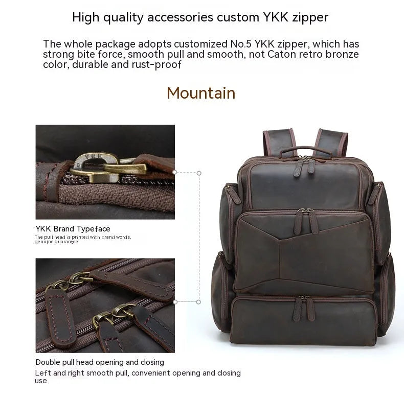 Dark brown genuine crazy horse leather backpack for men showing open pockets and organised internal compartments for a 17-inch laptop.