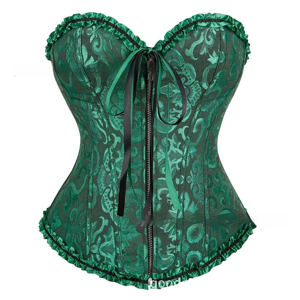 Women's front zip jacquard corset in spandex for waist support and shaping