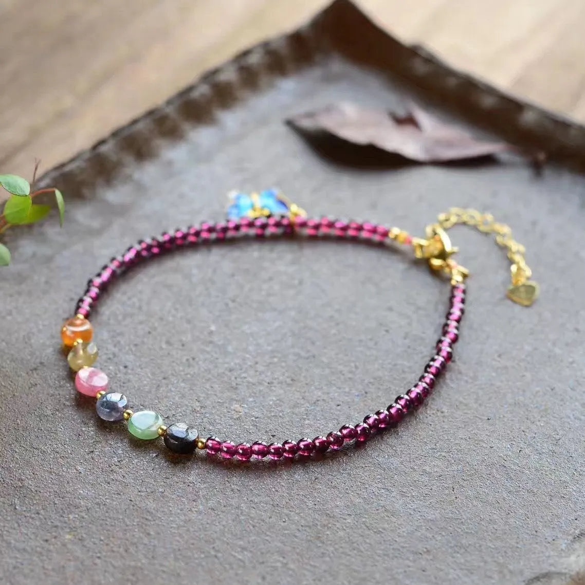 Purple garnet anklet with geometric beads in ethnic design for women