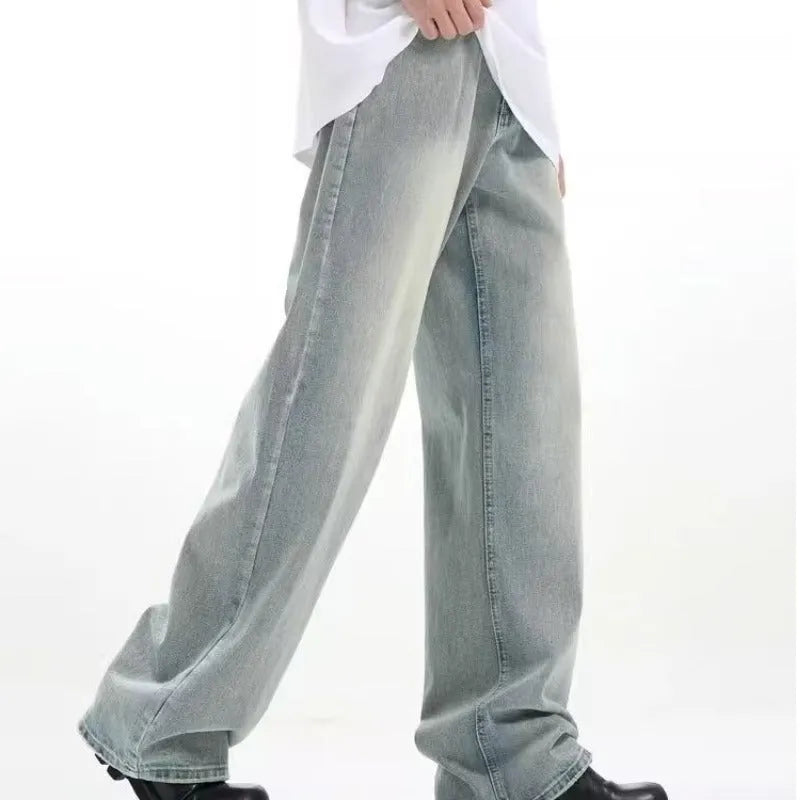 Blue loose-fit retro casual trousers with rabbit fur fabric and an elasticated waist.