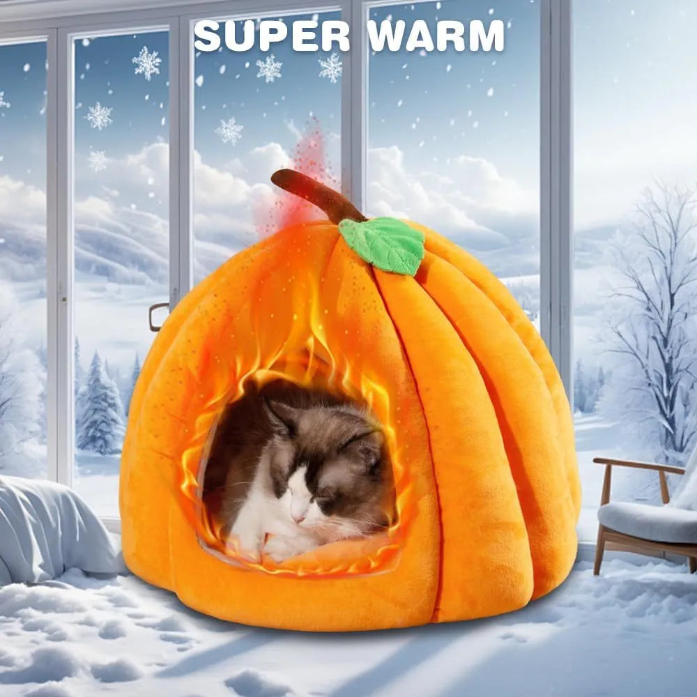 Pumpkin-shaped cat bed in blue with semi-enclosed cave design and removable interior mat