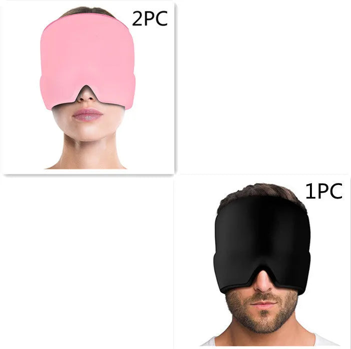 Black cooling gel eye mask for headache relief on a white background.