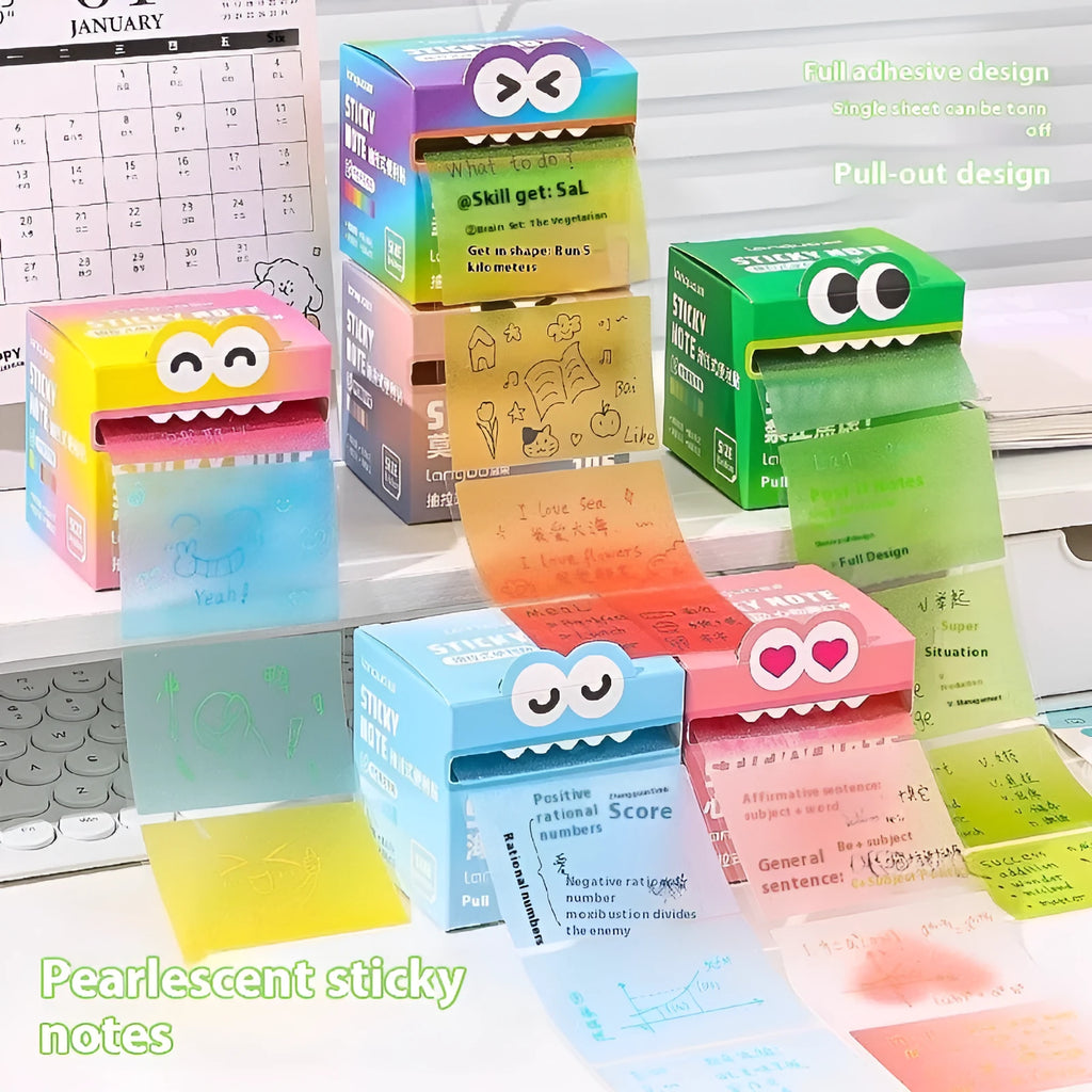 Pearl gradient transparent pull-out sticky notes pad in a box, showing one of six colour options.