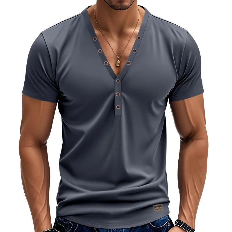 Men's loose fit V-neck T-shirt with button detail in chemical fibre blend fabric