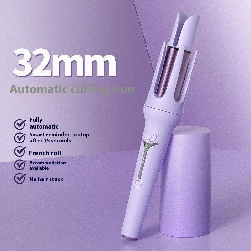 Light purple automatic hair curler with 32mm anion barrel, three clips, and a comb on a white background.