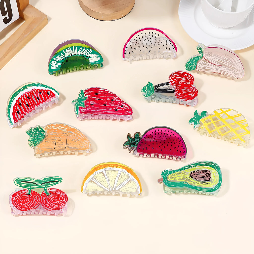 Transparent PVC hair clip with fruit design in asymmetric shape, available in 12 colour options A28