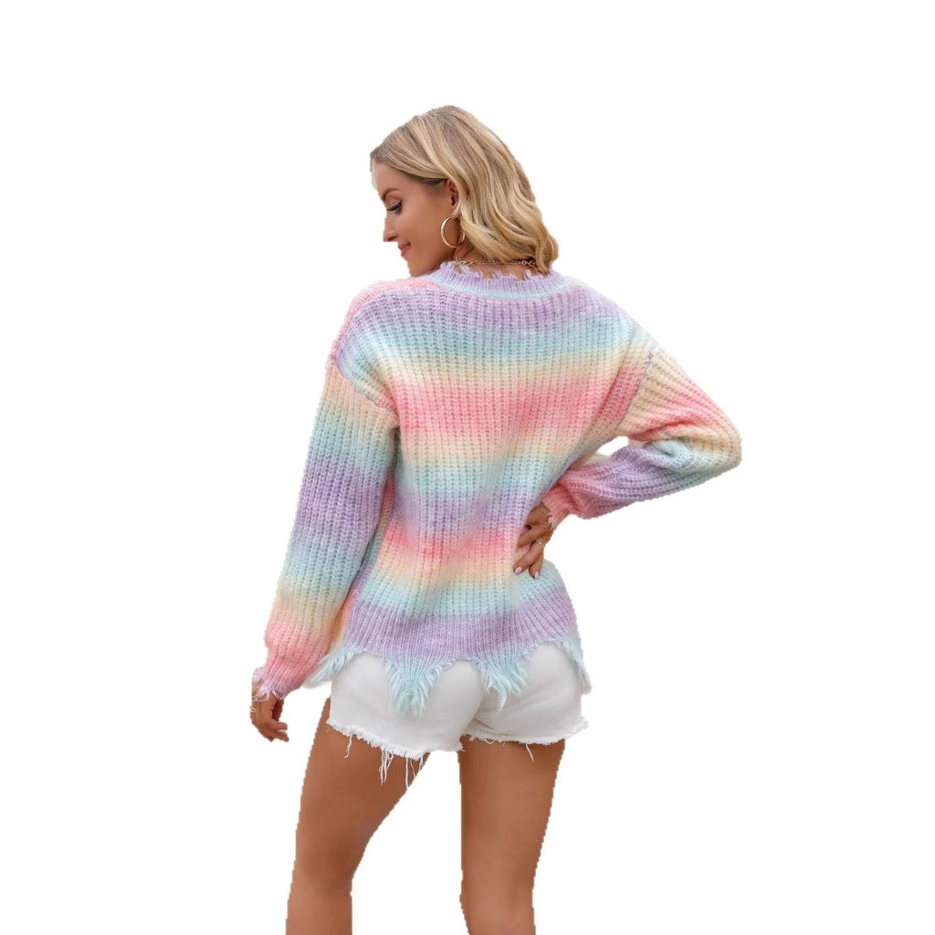 Pink rainbow pattern knitted pullover sweater loose cut plus size