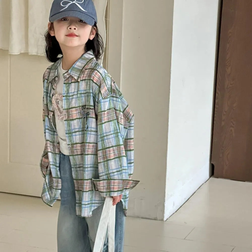 Little Red Fish blue plaid cotton long sleeve shirt for girls 110cm-160cm spring autumn casual