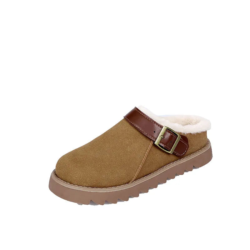 Women's brown suede snow boots with plush lining and rubber sole