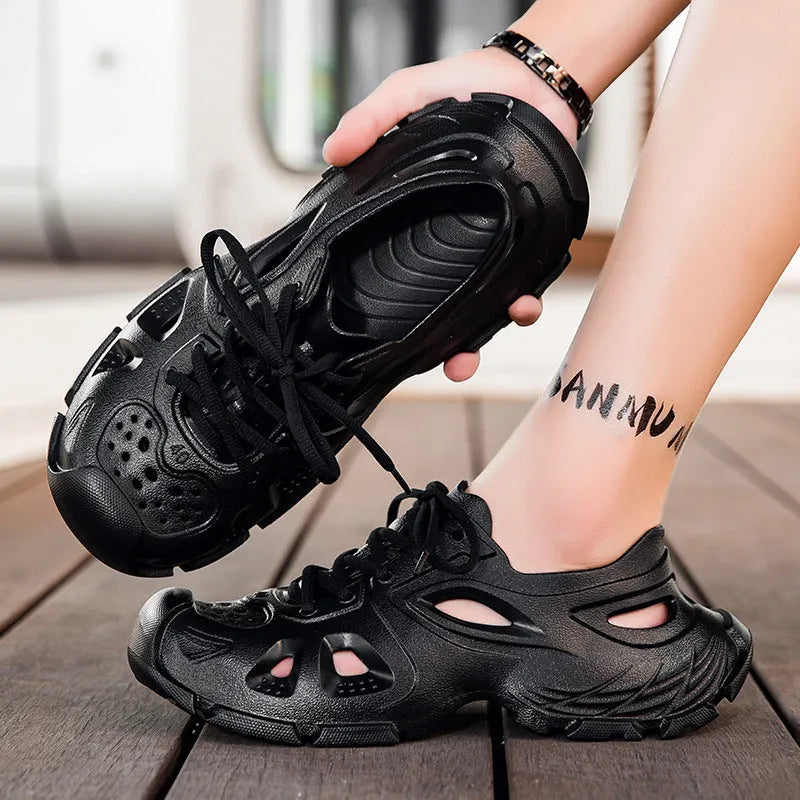Men's black lace-up sports sandals with EVA upper and non-slip sole on a white background