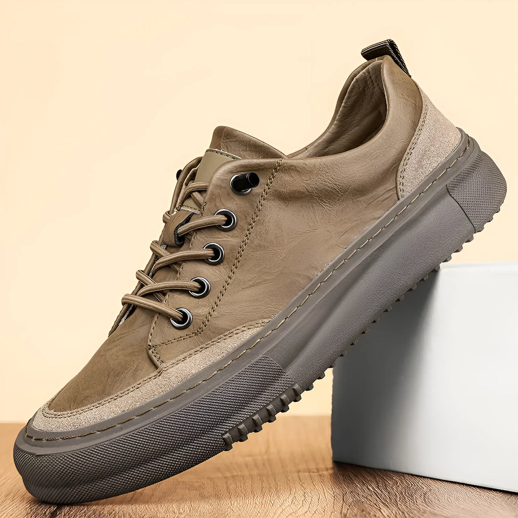 Men's black round toe leather lace-up casual shoes with rubber sole