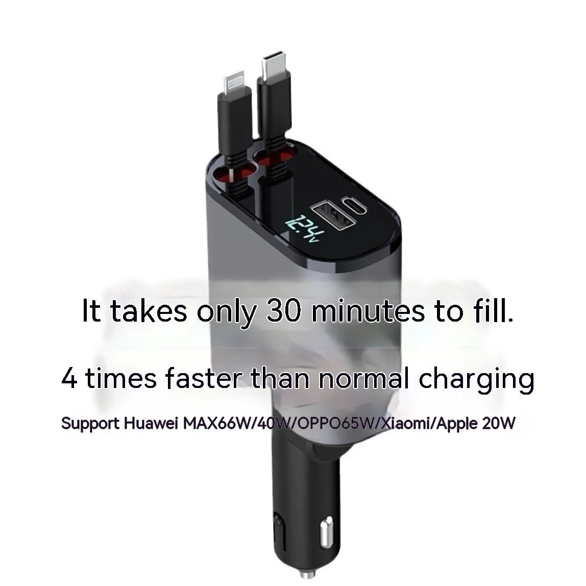 Automatic retractable car charger plugged into a vehicle cigarette lighter socket with its cable extended.