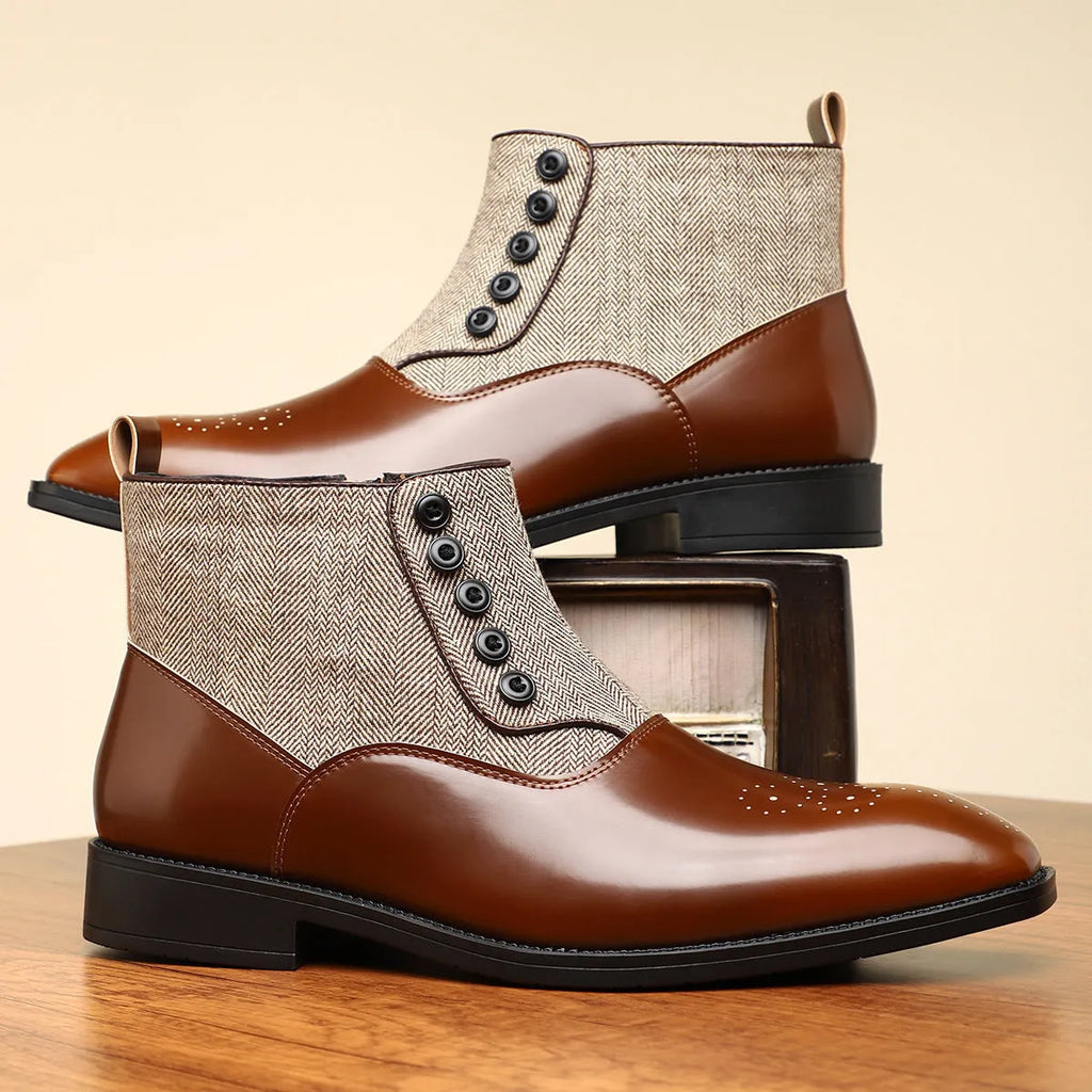 Brown retro men's formal shoe with side zip, square toe, and low square heel on a plain background.