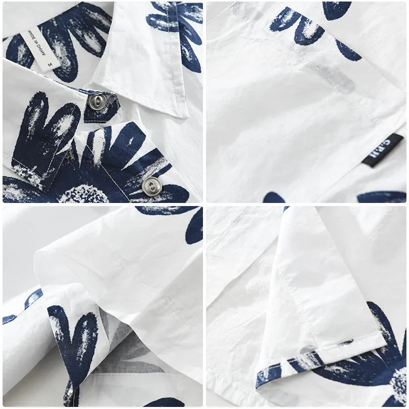 Japanese trendy printed short sleeve shirt in loose cardigan style showing white and apricot colour options