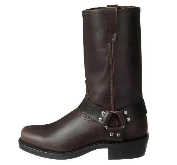 Men's brown vintage cowboy boots with a large silver belt buckle ring detail on the side.