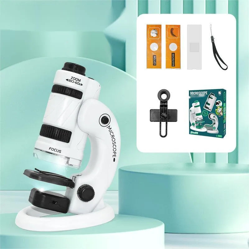 White and green portable plastic microscope kit with specimen slides for outdoor education.