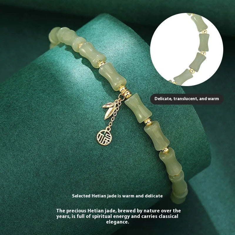 Chinese bamboo joint Hetian jade bracelet and necklace set for women