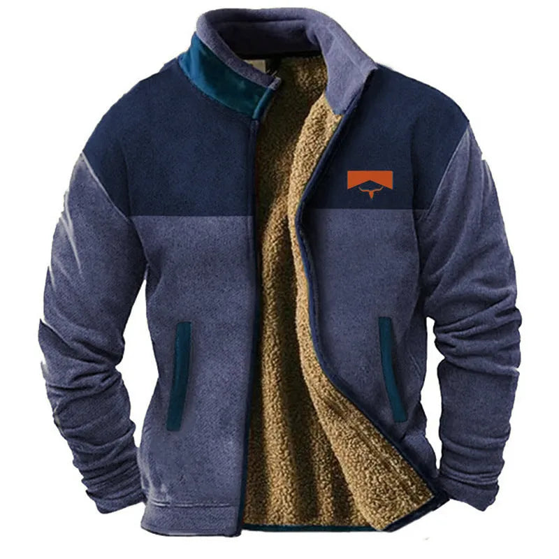 Men's light brown fleece padded coat with a regular fit, shown on a model.
