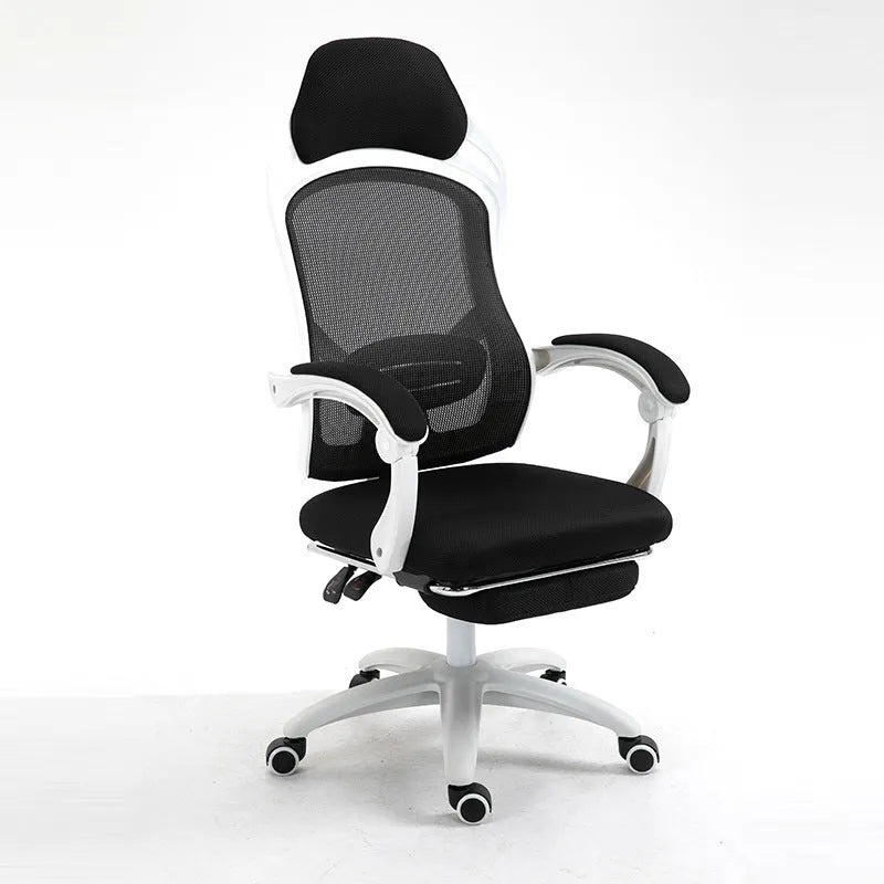 Black ergonomic computer gaming chair with linkage armrests and nylon wheels