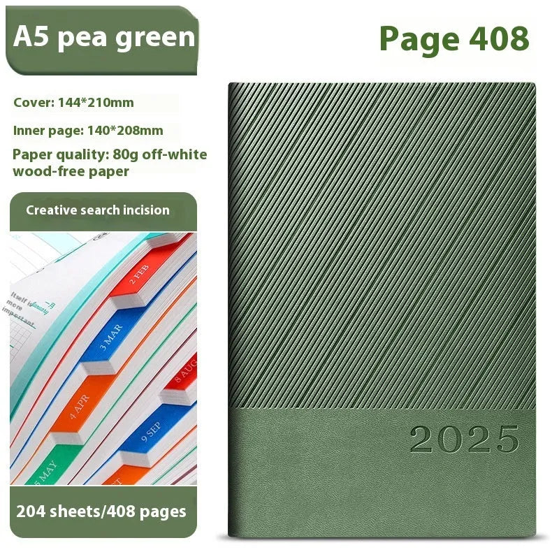 Business notepad with striped PU leather cover showing 204 sheet capacity and wood-free paper