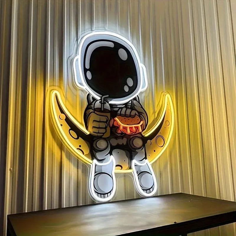 Astronaut-shaped neon wall lamp with blue lemon yellow lighting in 30x35cm plastic housing