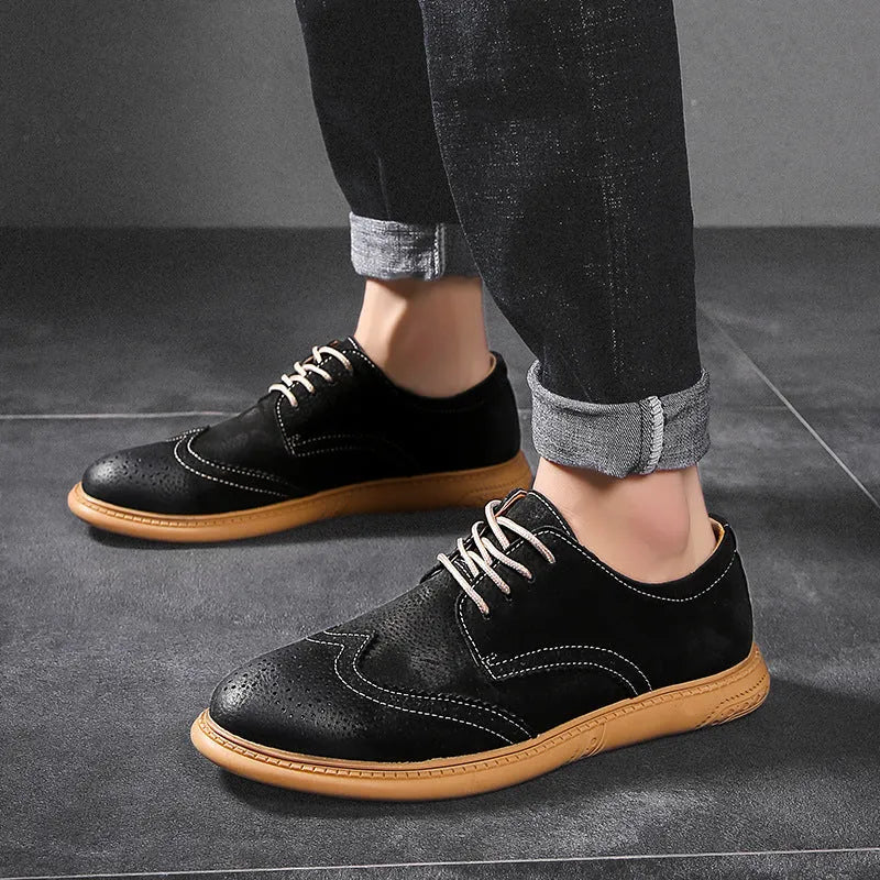 Men's grey business formal leather shoes with lace-up design and rubber sole