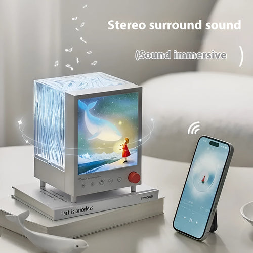 Aurora Treasure Box atmosphere projection lamp showing Star Sea Whale coloured light on a surface.