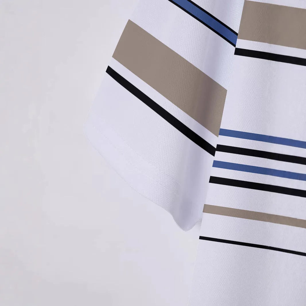 White men's striped short sleeve T-shirt with loose fit design for summer casual wear