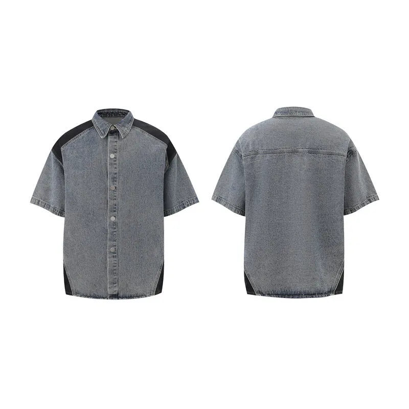 Retro washed denim suit for men with short sleeve shirt and matching trousers in blue.