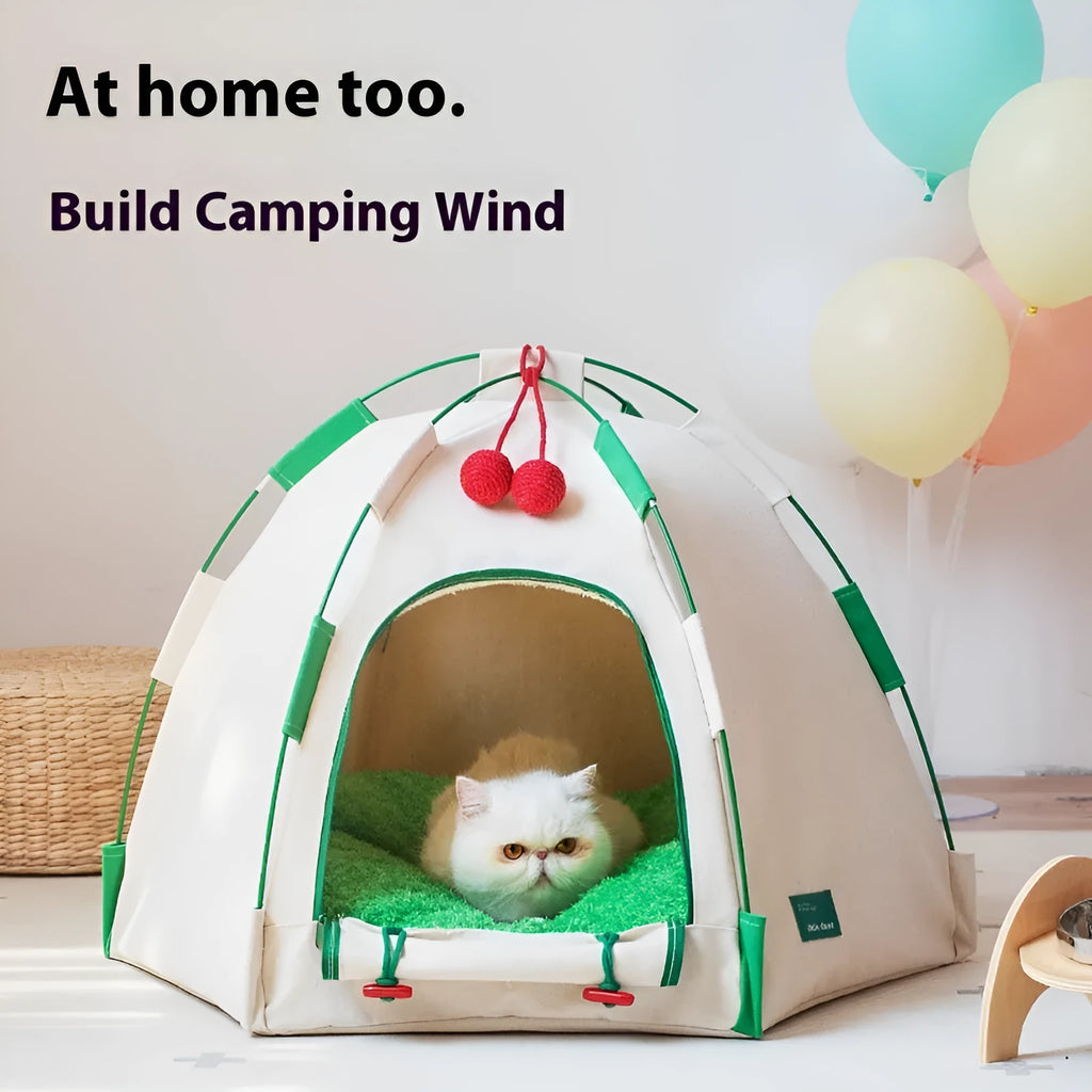 Grey dome-shaped cloth tent cat bed with a removable thick cushion pad inside.