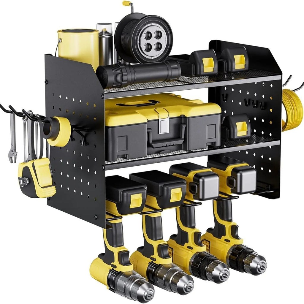 Wall-mounted carbon steel tool rack with 3 detachable layers for electric drills and screwdrivers, in black or red