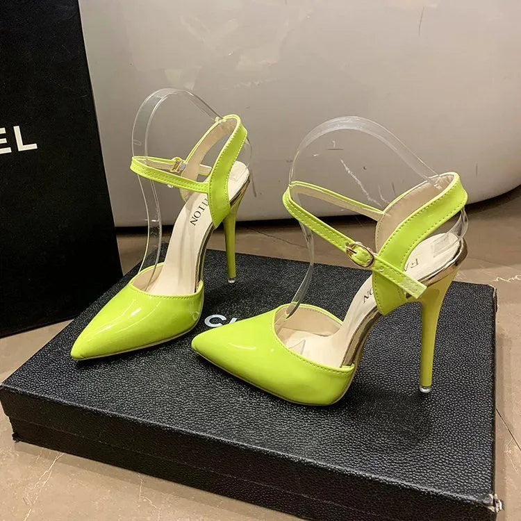 Women's ankle-strap buckle sandals with 12cm stiletto heel and fish mouth toe in Barbie Pink colour