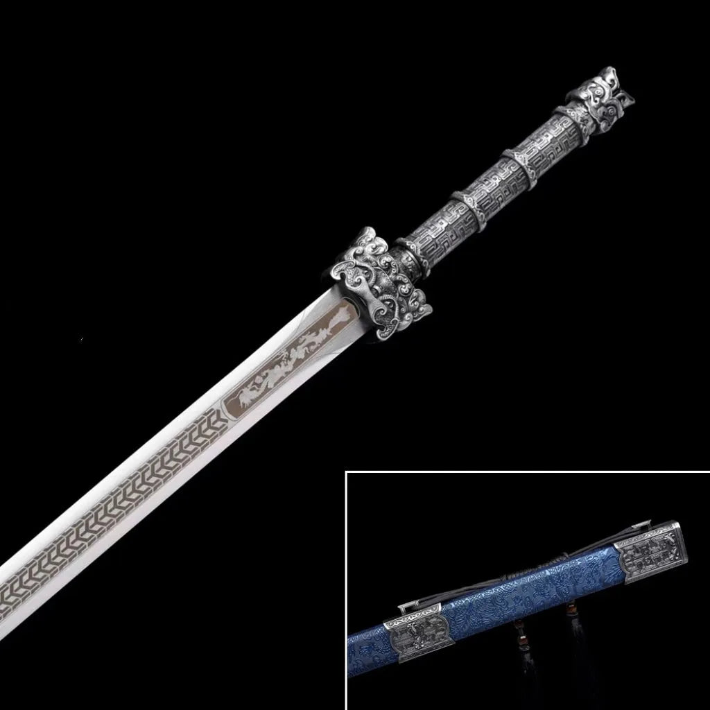 Ancient-style unsharpened Tang-sword with manganese steel blade in leather-covered solid wood scabbard, 102cm overall length