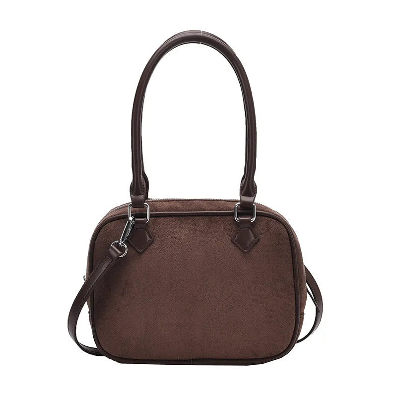 Women's crossbody suede-style PU leather handbag in horizontal square shape, available in multiple colours