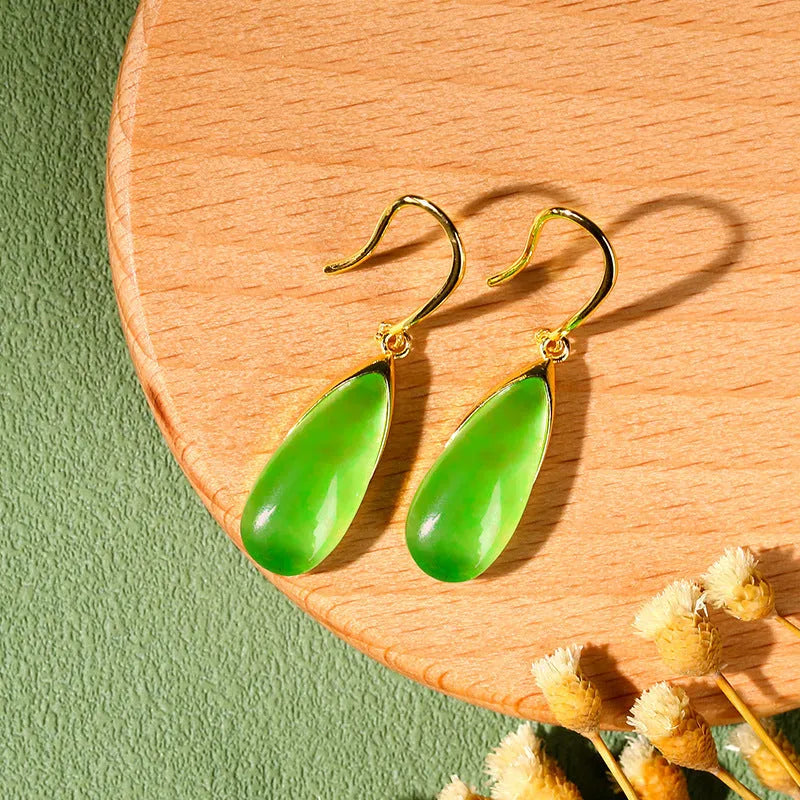 Retro Chinese style geometric water droplet earrings in CP798-jade colour on copper.