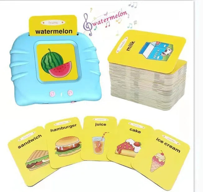 Children's English learning machine with audio book cards showing blue colour and educational interface