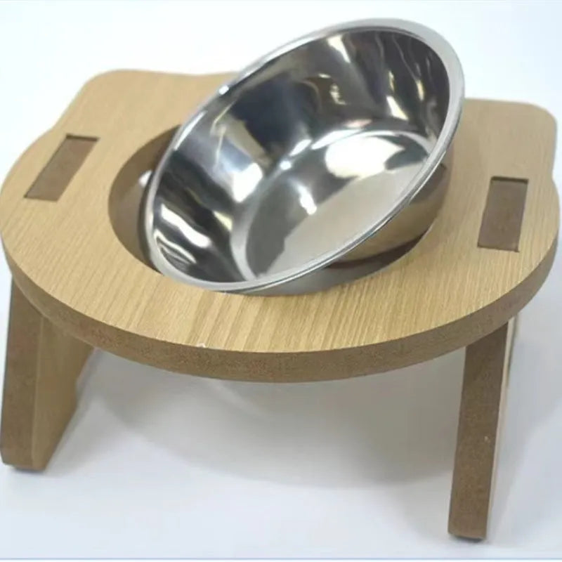 Wooden cat bowl feeder with two stainless steel inserts for food and water