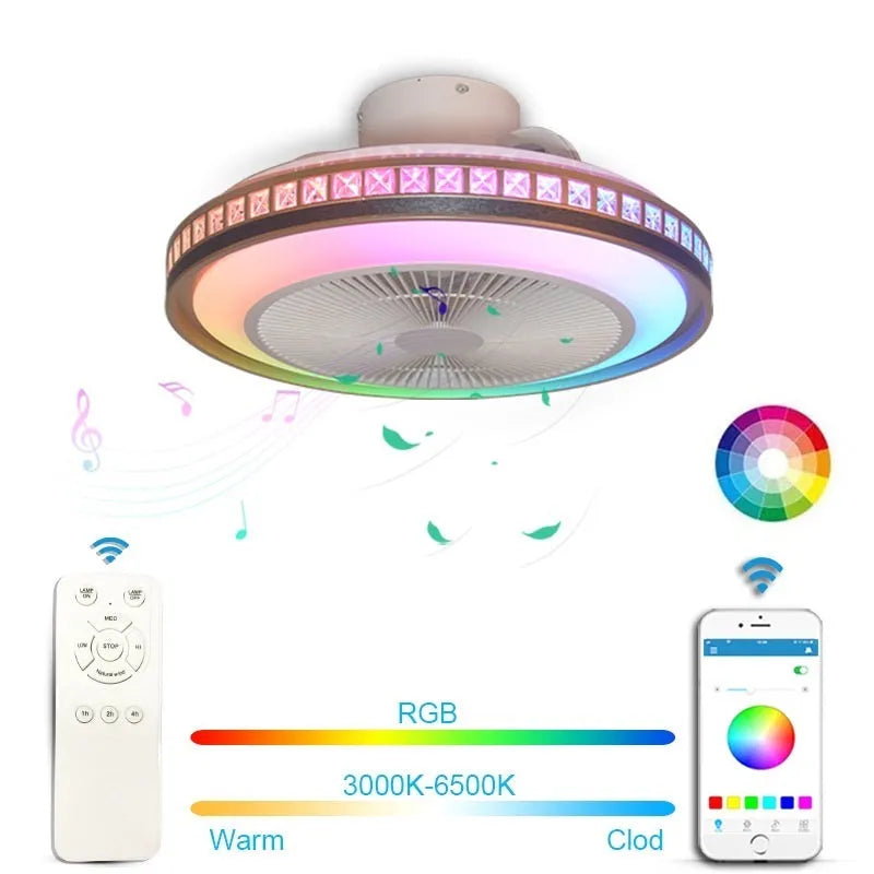 50cm white PC ceiling fan lamp with LED light and Bluetooth music control for bedroom