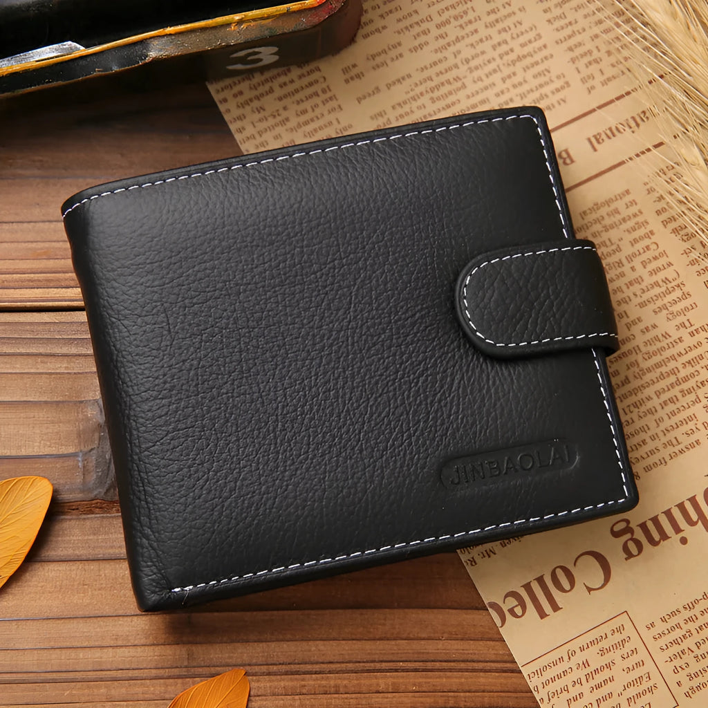 Men's short genuine leather vintage zipper buckle wallet in brown and black solid colour first layer cowhide