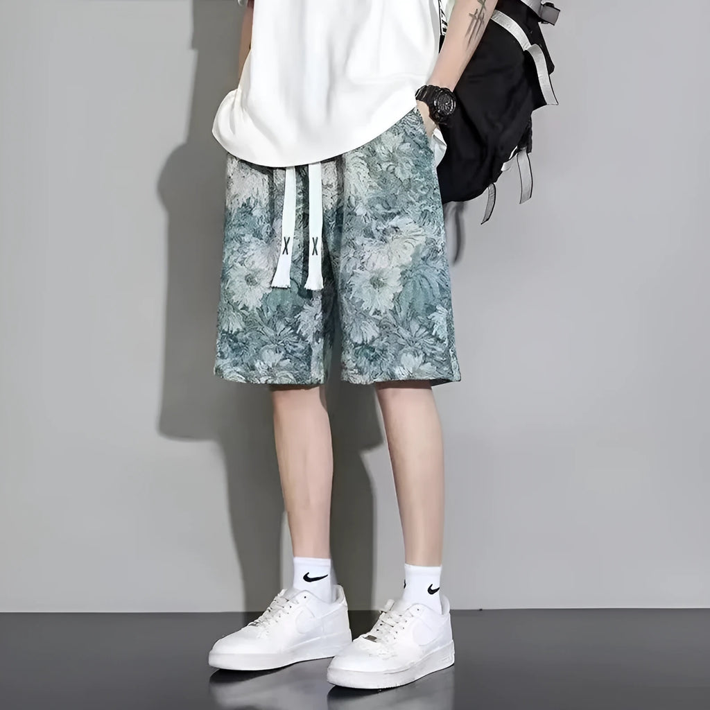 Men's fifth-length polyester shorts in Bear colour on a size chart background