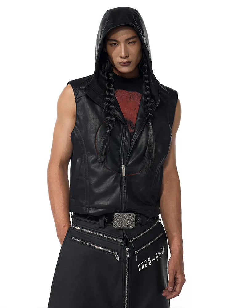 Black PU leather waistcoat for men with hooded collar and star detailing
