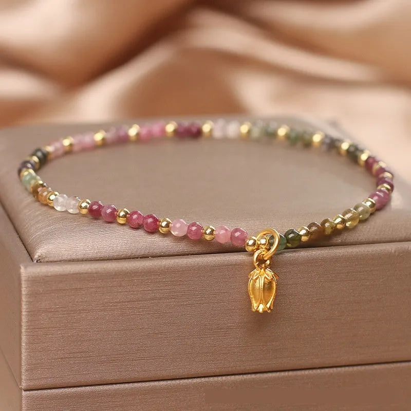 Natural tourmaline floral beaded anklet for women with adjustable chain and colourful gemstones