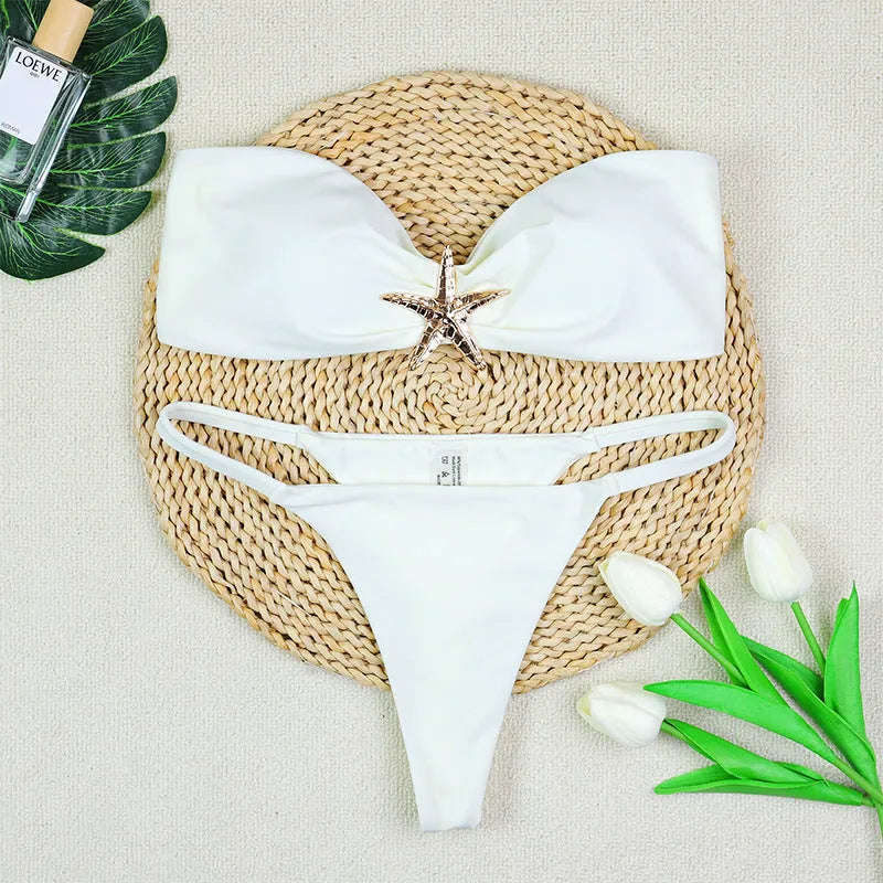 Women's tube top bikini set backless low waist briefs nylon black white blue S M L on display