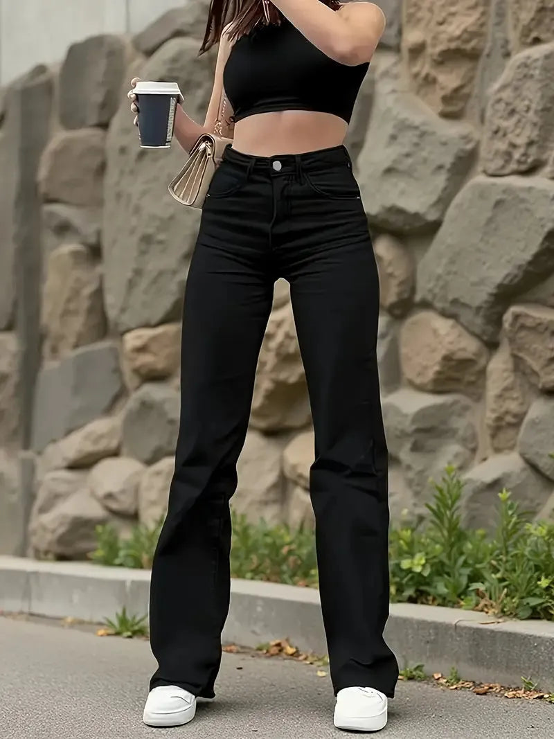 Women's black wash high-waist stretch denim straight-leg casual trousers