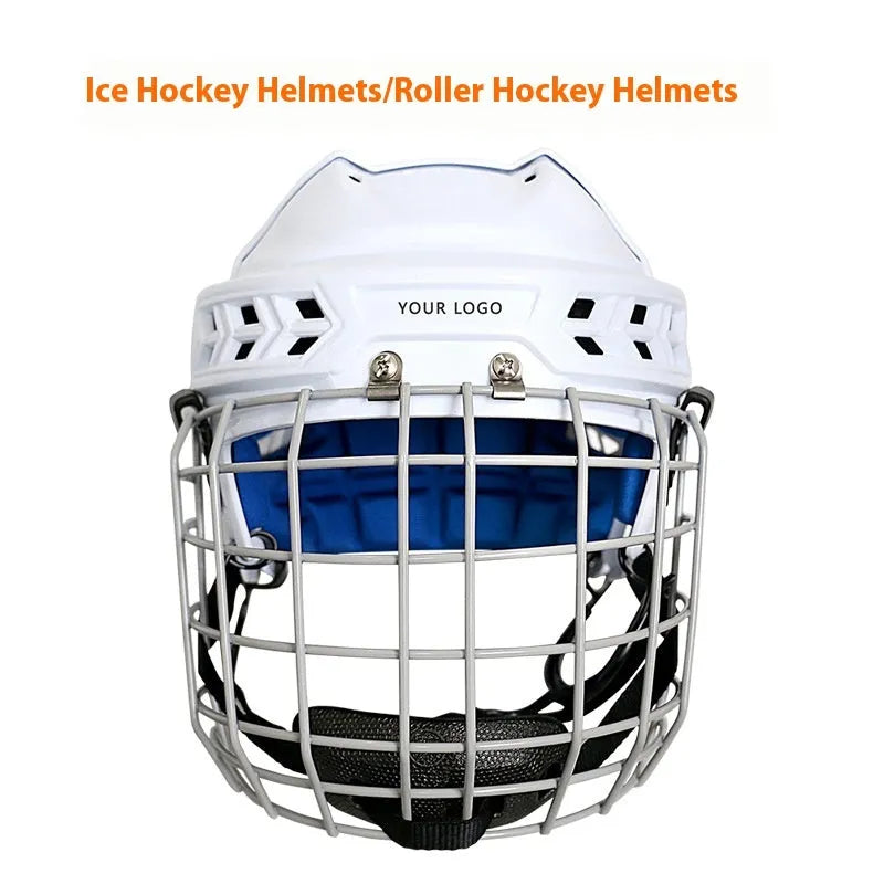 Ice hockey helmet with a carbon steel face mask, shown in a size option, displaying its PP shell and EVA lining.