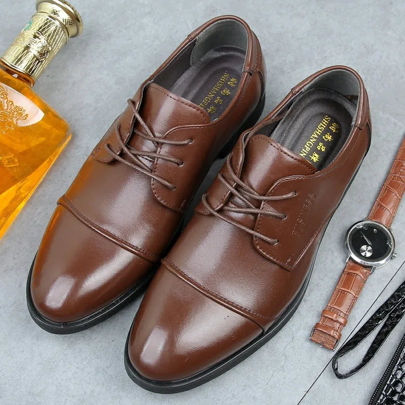 Men's black leather lace-up business shoes with rubber sole on extended size range