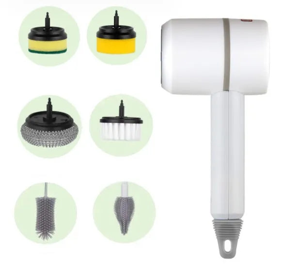 Green electric cleaning brush with three interchangeable scouring pad, brush, and sponge heads on a white background.